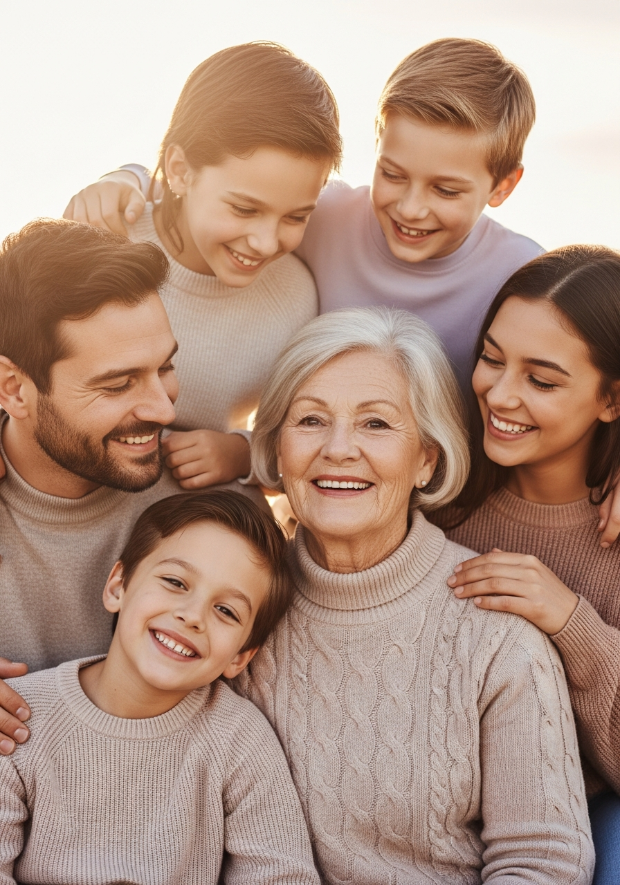 Happy multigenerational family smiling together at Vivid Dentistry in North Raleigh