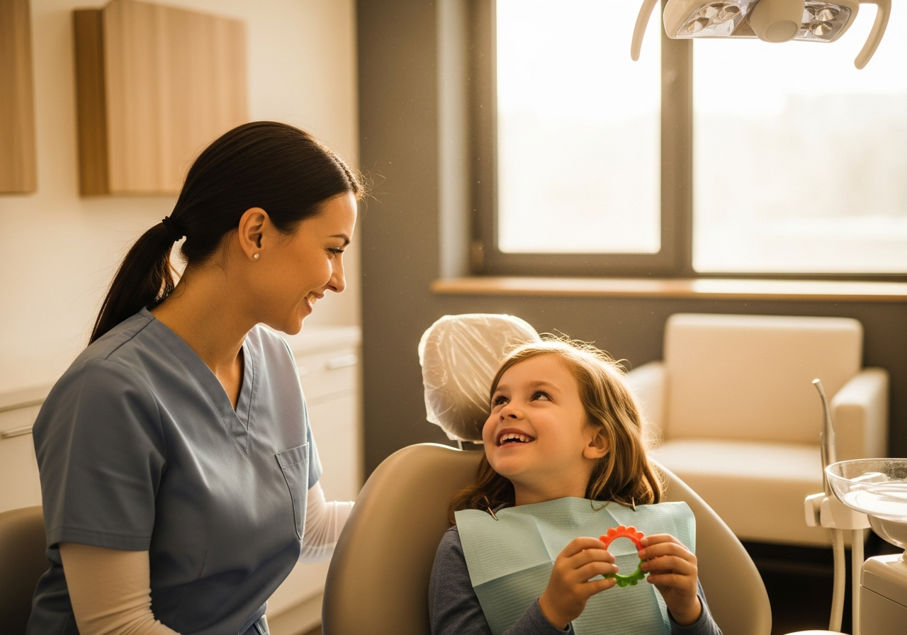 Friendly dentist caring gently for a happy child