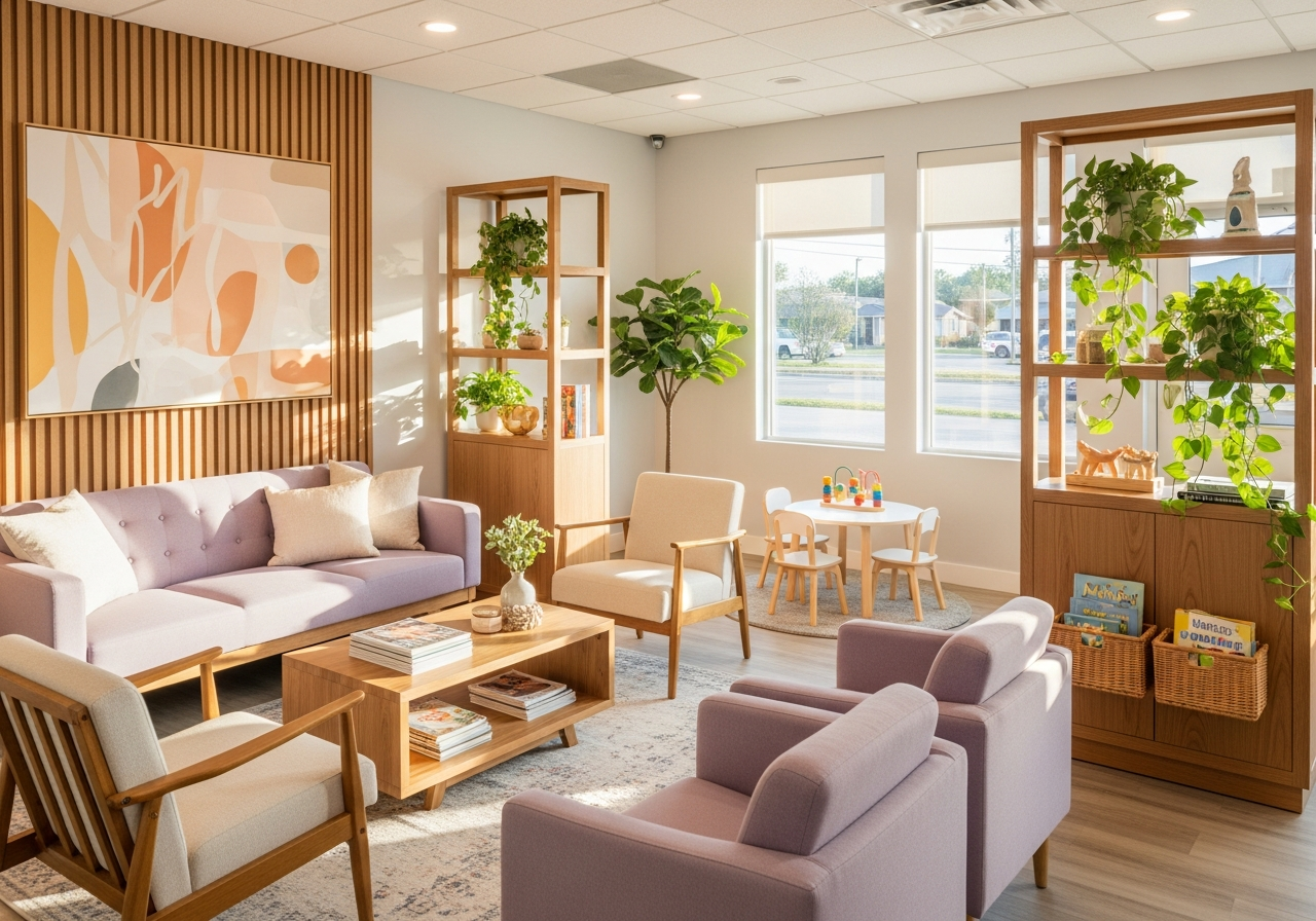 Cozy, warm dental office waiting area at Vivid Dentistry in North Raleigh